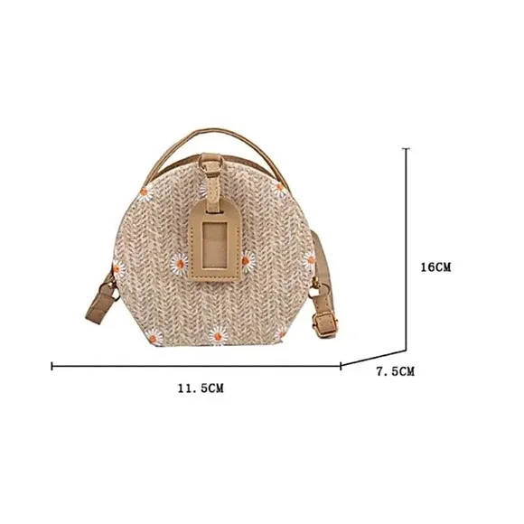 Daisy Flower Embroidered Round Straw Crossbody Bag in Khaki - Picture 8 of 9